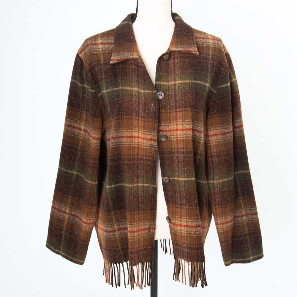 Fringe trim flannel shacket wool plaid Norton McNaughton 12